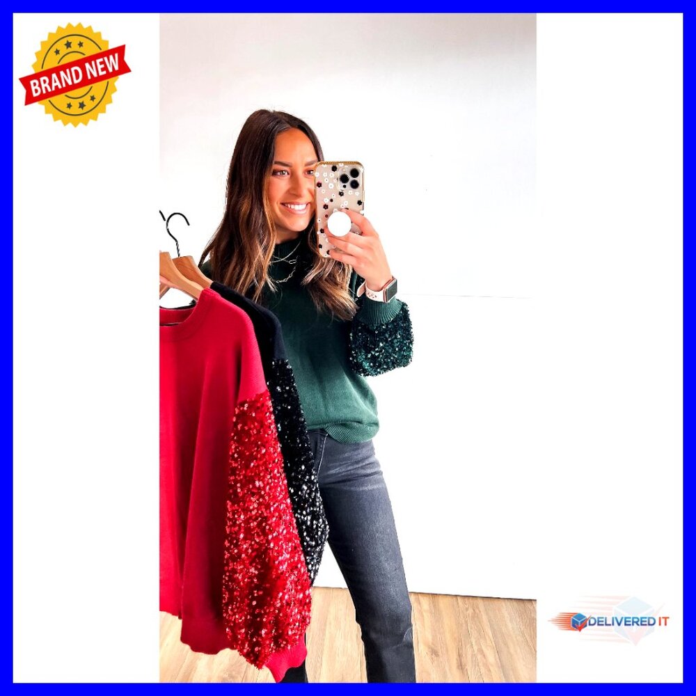 Sequin Patchwork Pullover Sweater Long Sleeve Cre… - image 7